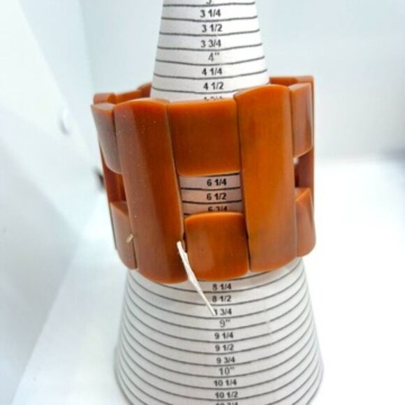VINTAGE RUST BROWN GEOMETRIC STRETCH BANGLE MODERNIST PLASTIC BAKELITE LOOK - Picture 10 of 10